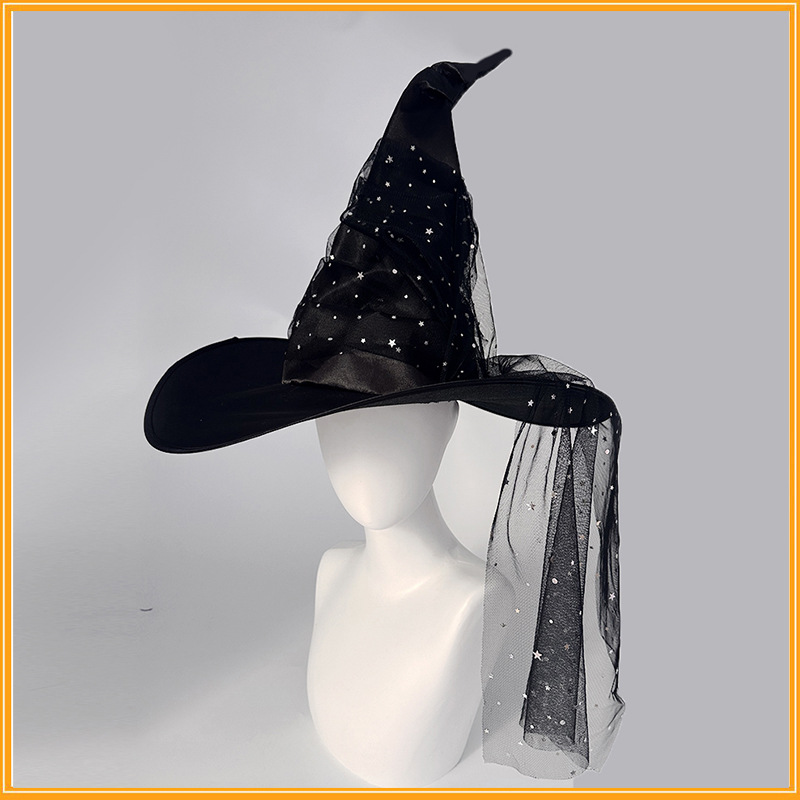 Glitter Tulle Witch Hat Wide Brim Halloween Costume Accessory